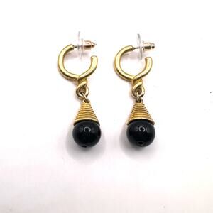 Gold Black Ball Retro Vintage Inspired Pierced Earring Dangle Drop Minimalist